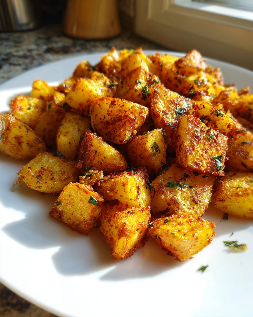 A close-up of perfectly seasoned, crispy breakfast potatoes piled on a white plate, highlighted by sunlight.