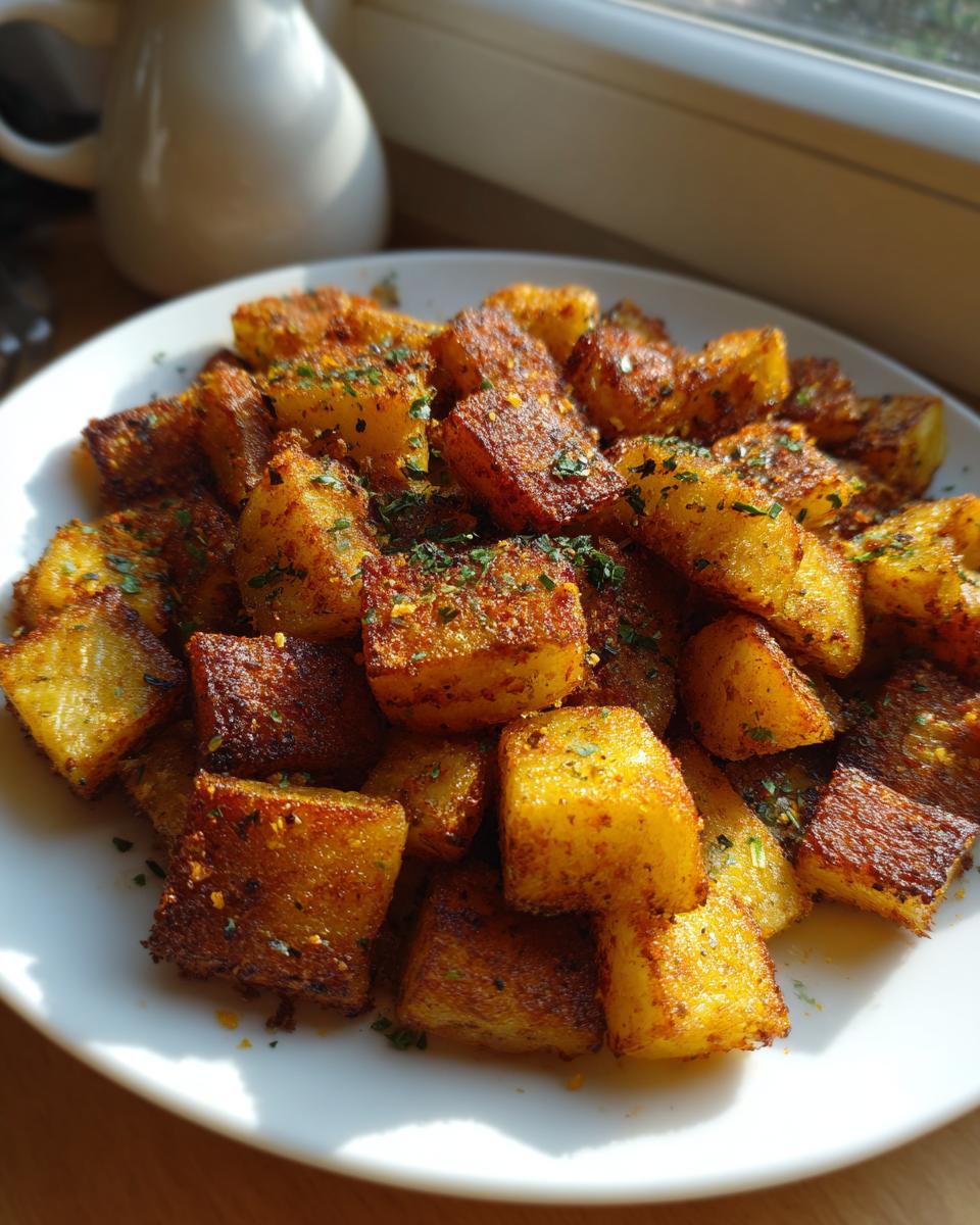 A close-up of perfectly crispy, golden-brown breakfast potatoes seasoned with spices and parsley on a white plate.