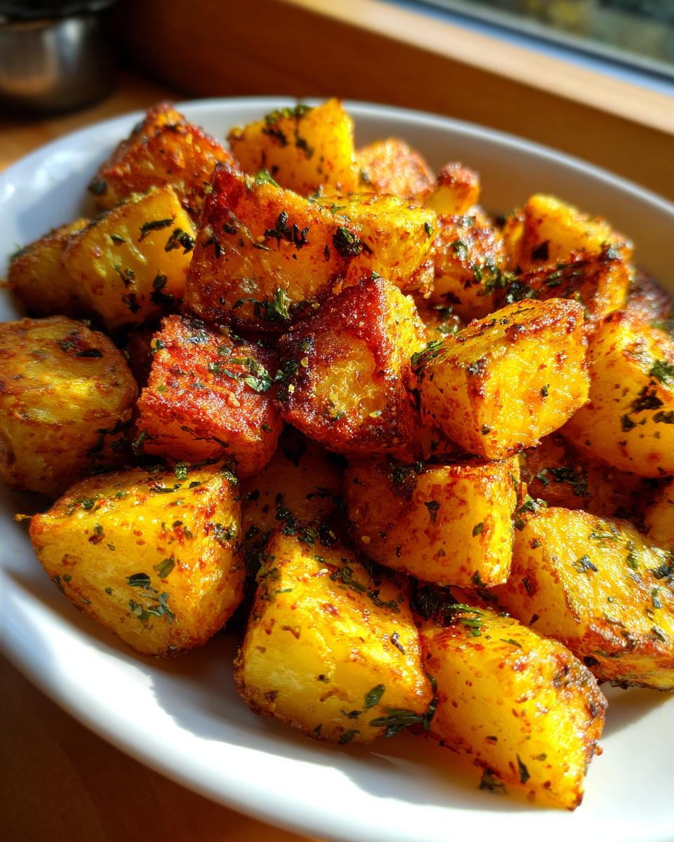 Close-up of golden, crispy breakfast potatoes seasoned with herbs and spices served in a white bowl.