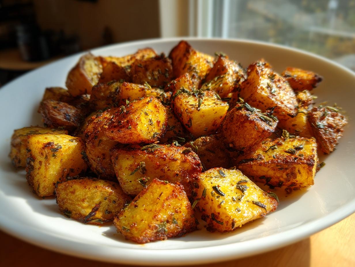 A close-up of perfectly crispy, golden brown breakfast potatoes seasoned with herbs, served in a white bowl.