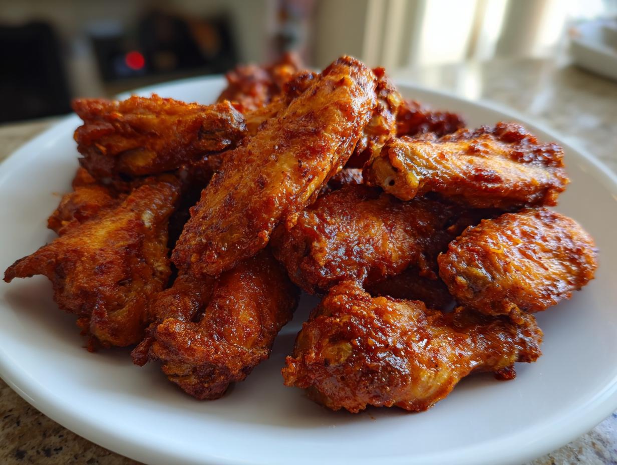 A close-up of a mound of crispy, saucy, deep-red chicken wings piled high on a white plate.