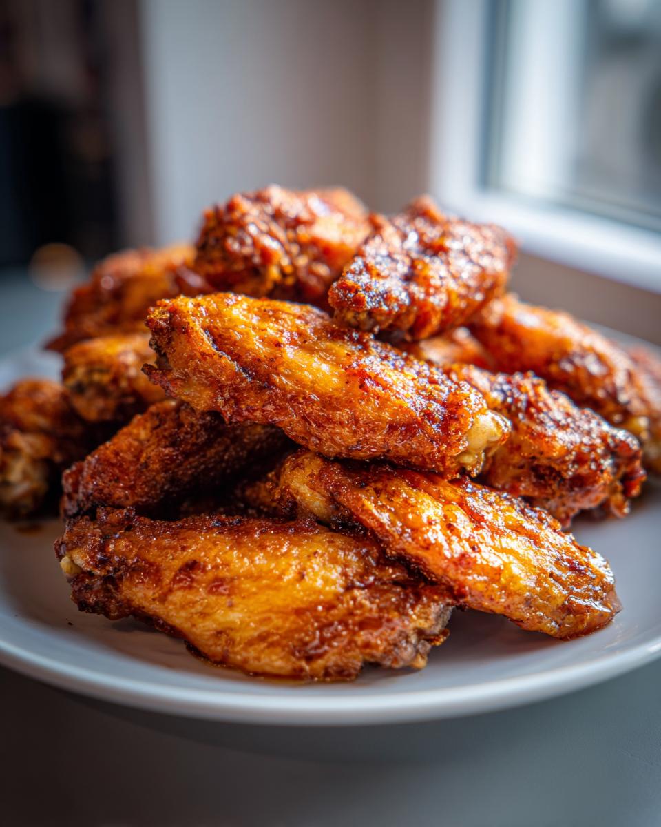 A close-up of a pile of golden brown, crispy chicken wings stacked high on a white plate.