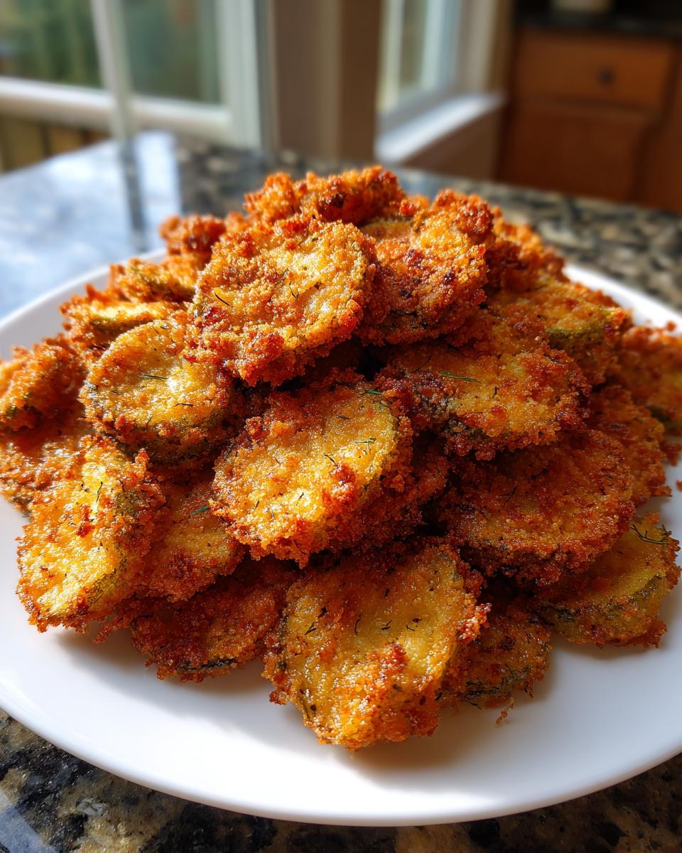 A large pile of golden brown, crispy Fried Pickles stacked high on a white plate.