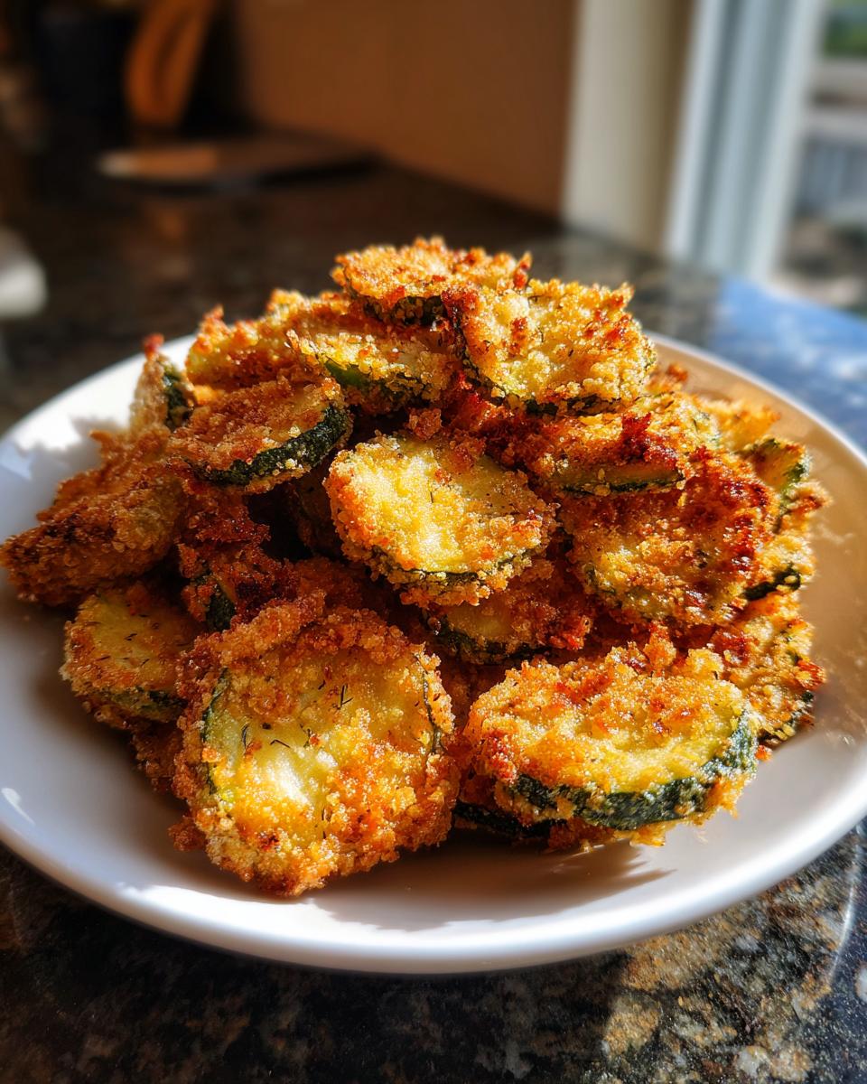 A mound of golden brown, crispy fried pickles slices piled high on a white plate, beautifully lit by sunlight.