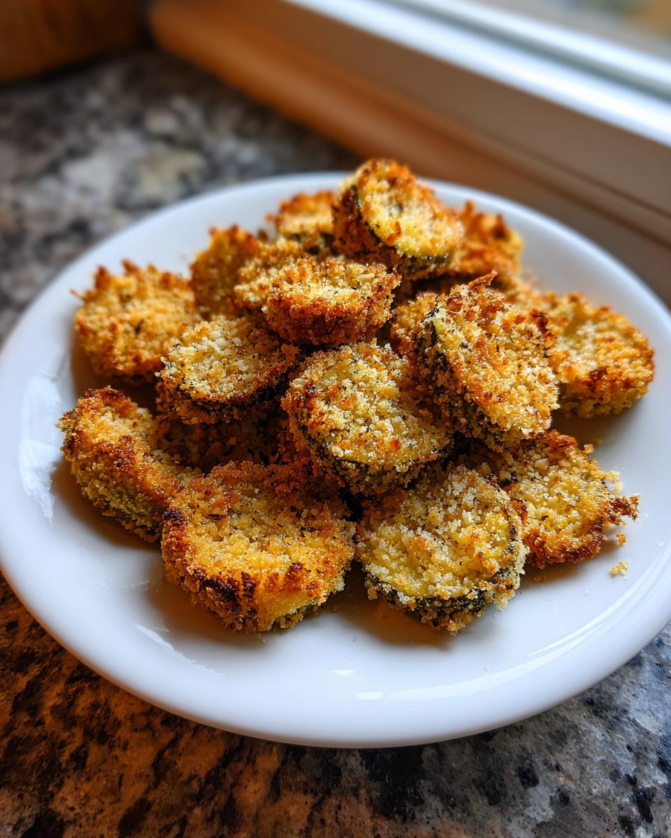 A close-up of golden brown, breaded, and crispy Fried Pickles stacked on a white plate.