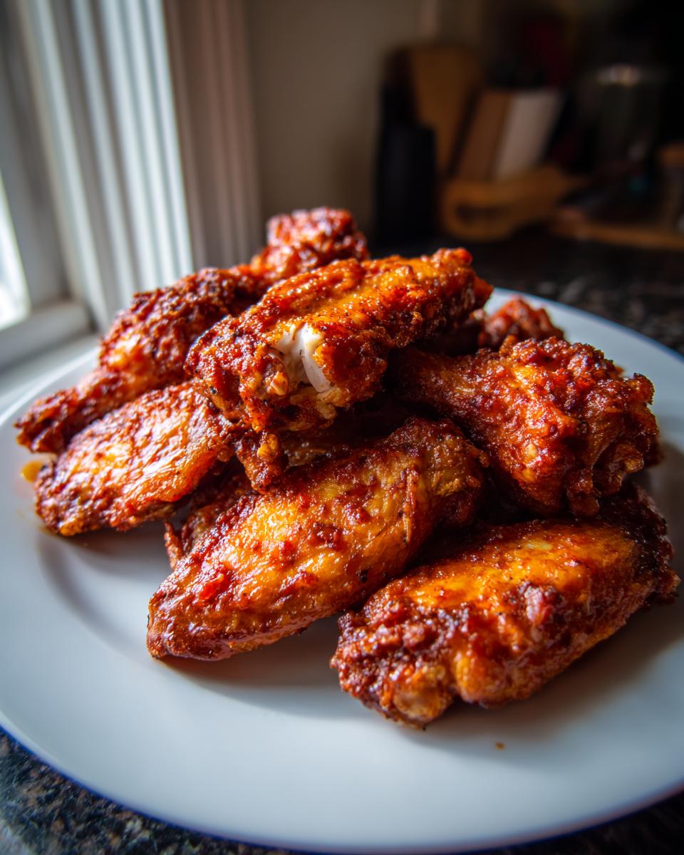 A pile of glossy, crispy, red-sauced chicken wings stacked on a white plate near a window.