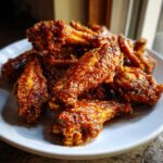 A close-up of a pile of golden-brown, crispy chicken wings coated in a shiny glaze, served on a white plate.