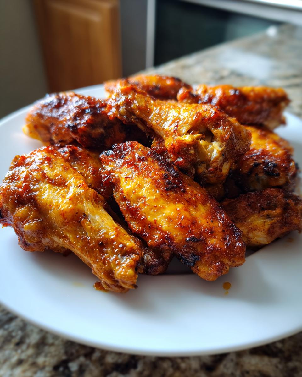 A close-up of several golden-brown, glazed chicken wings piled high on a white plate, showcasing their crispy texture.