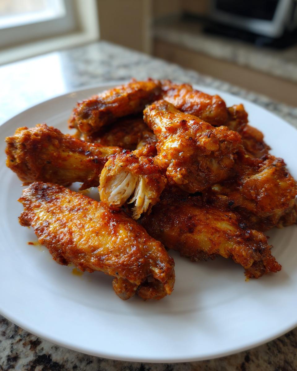 A pile of perfectly cooked, seasoned chicken wings on a white plate, one wing is broken open showing the juicy interior.