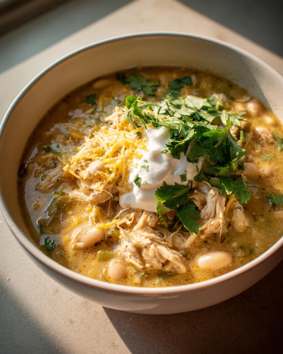 Close-up of a bowl of crockpot white chicken chili topped with shredded cheese, sour cream, and fresh cilantro.