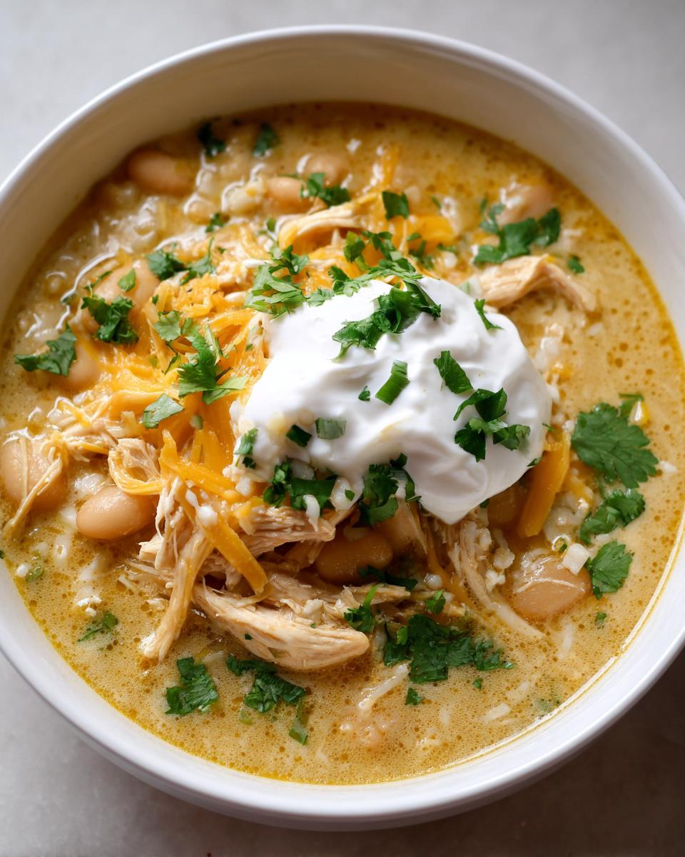 Close-up of a hearty bowl of crockpot white chicken chili topped with sour cream, shredded cheese, and cilantro.