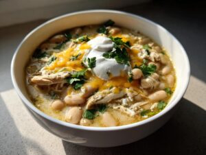 A close-up of a white bowl filled with creamy crockpot white chicken chili, topped with melted cheese, sour cream, and fresh parsley.
