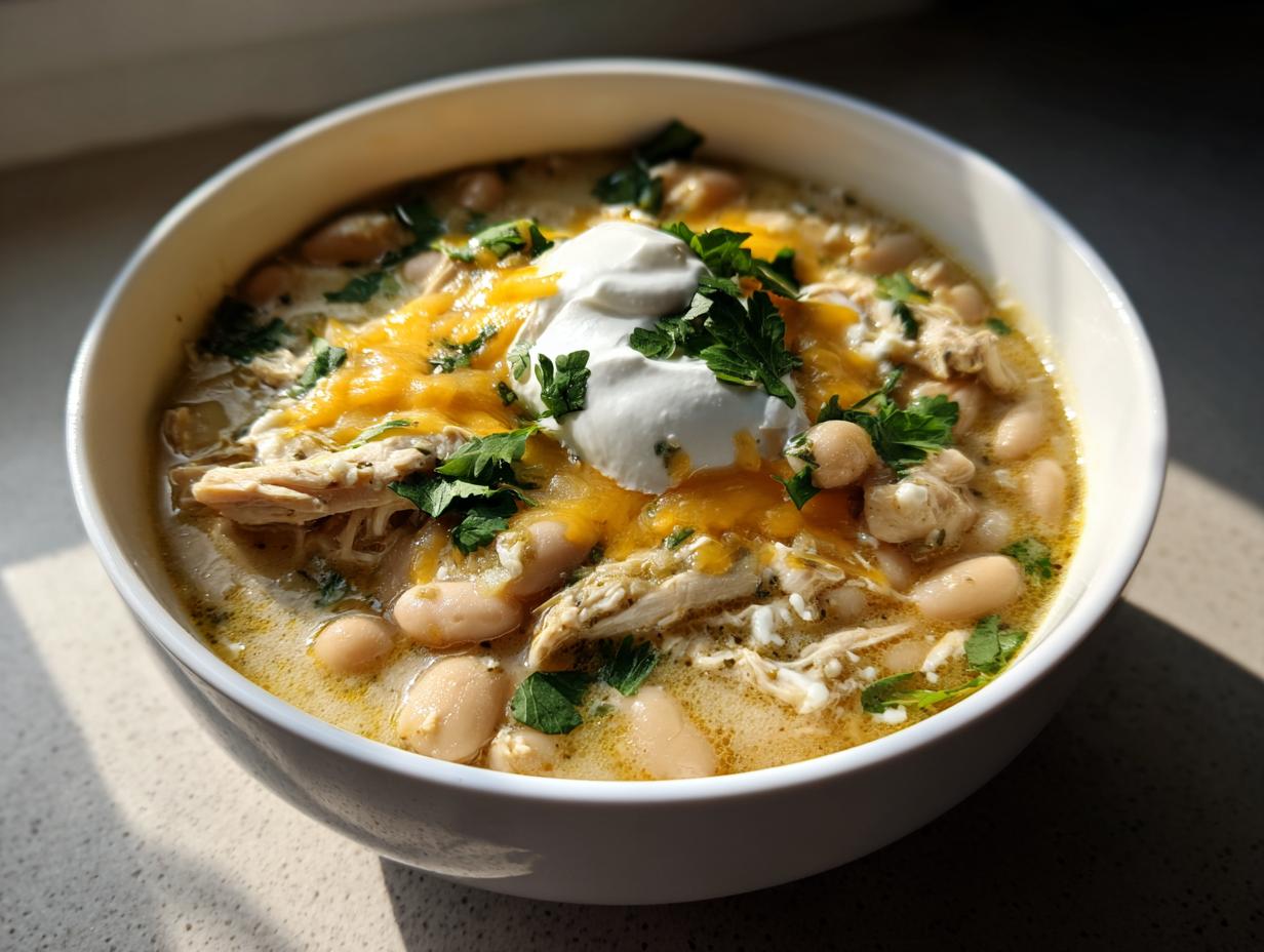 A close-up of a white bowl filled with creamy crockpot white chicken chili, topped with melted cheese, sour cream, and fresh parsley.
