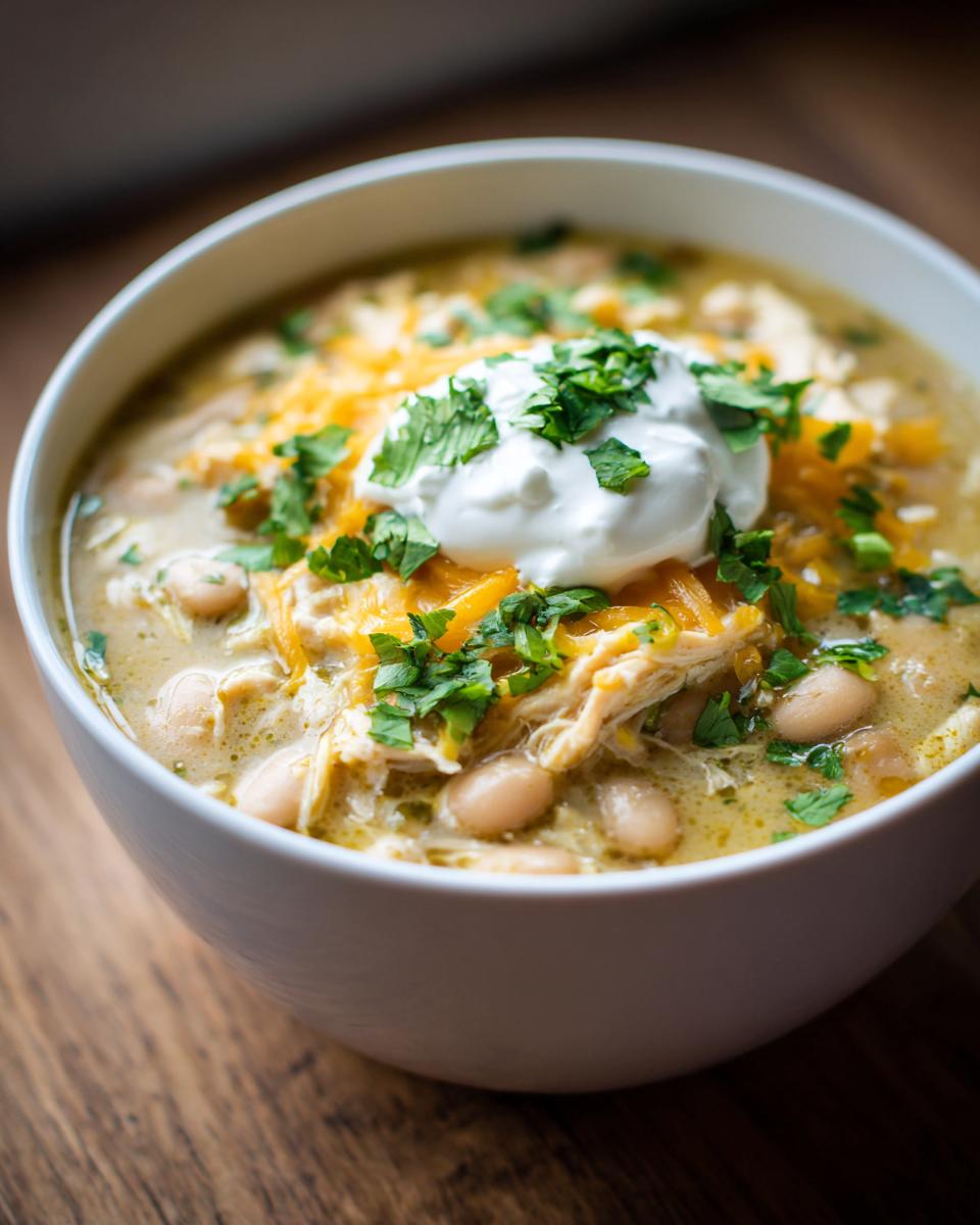 Close-up of a bowl of creamy crockpot white chicken chili topped with shredded cheese, sour cream, and cilantro.