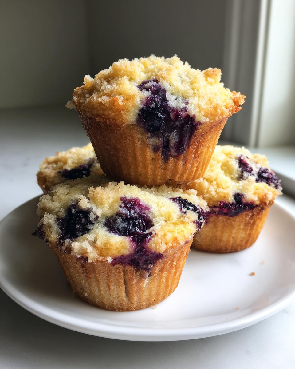 Three golden blueberry muffins with a sugary crumb topping stacked on a white plate.