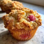 A close-up of a delicious, freshly baked strawberry muffin with a golden crumb topping and visible strawberry pieces.