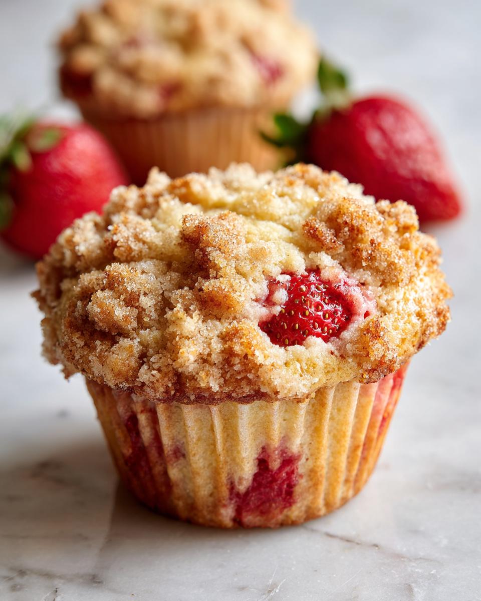 A close-up of a freshly baked strawberry muffins with a golden crumb topping and visible strawberry pieces.