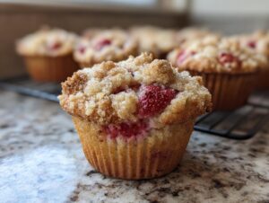 A close-up of a single, delicious strawberry muffin with a sugary crumb topping, with more strawberry muffins blurred in the background.