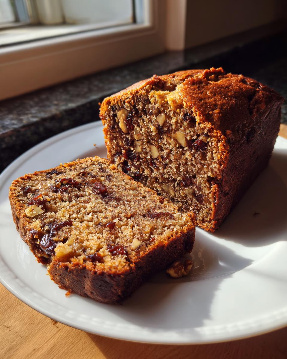 A loaf of moist date nut bread, partially sliced, showing visible dates and walnuts inside.