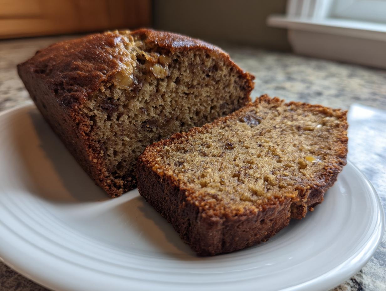 A close-up of a freshly baked date nut bread loaf, partially sliced, showing the moist interior with nuts and dates.