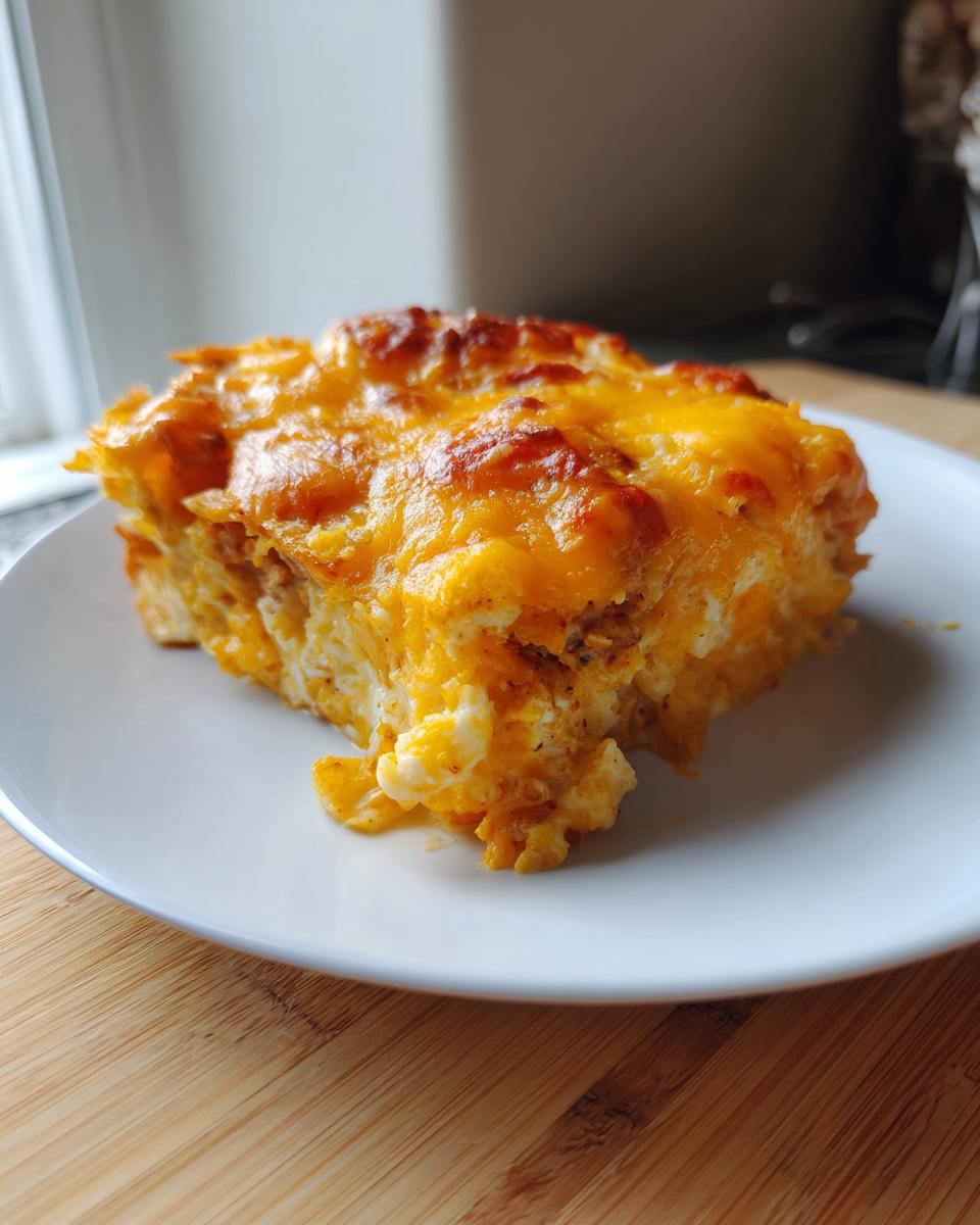 A close-up serving of baked Dorito Casserole topped with melted, golden-brown cheddar cheese.