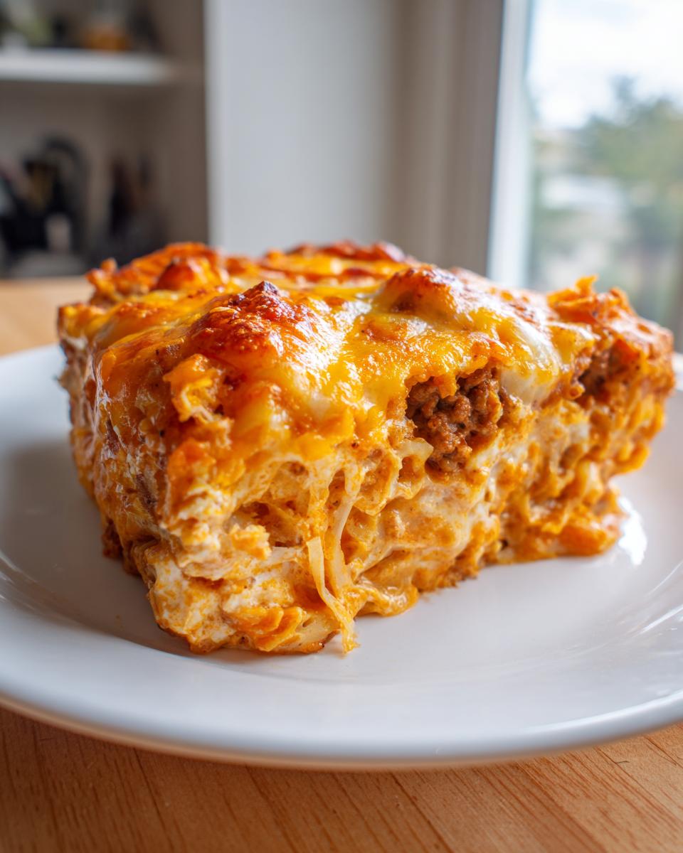 A close-up of a cheesy, baked slice of Dorito Casserole showing ground meat and melted orange cheese.
