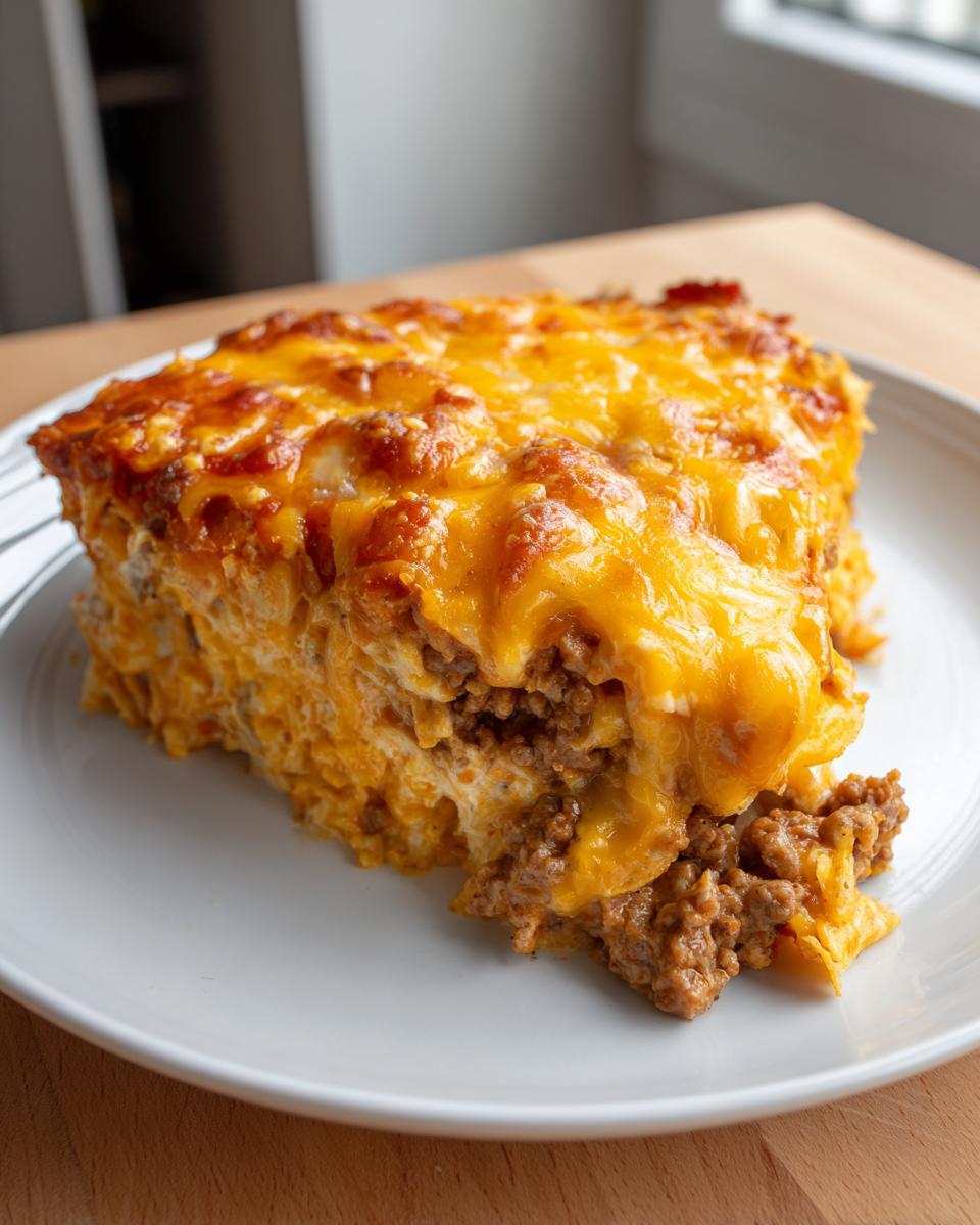 A generous slice of Dorito Casserole topped with melted, bubbly cheddar cheese and layers of seasoned ground beef.