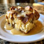 A close-up of a moist square of bread pudding topped generously with a thick, creamy caramel sauce.