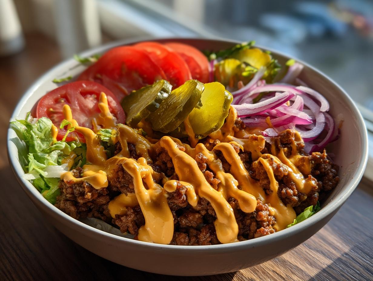 A close-up of a delicious cheeseburger bowl featuring seasoned ground beef, cheese sauce, lettuce, tomato, pickles, and red onion.