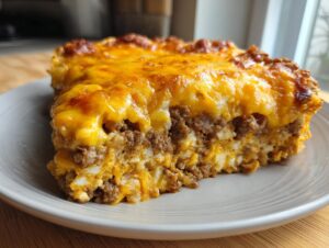 A close-up slice of rich Dorito Casserole featuring layers of seasoned ground beef and melted, bubbly cheddar cheese topping.