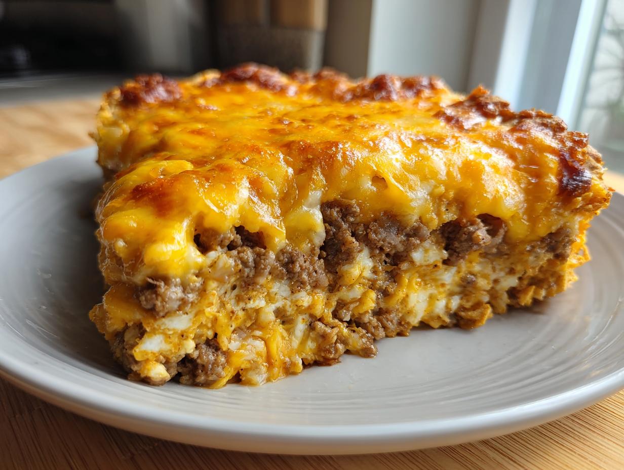 A close-up slice of rich Dorito Casserole featuring layers of seasoned ground beef and melted, bubbly cheddar cheese topping.