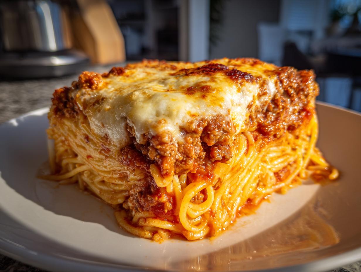 A thick, square slice of baked spaghetti pie topped with rich meat sauce and melted mozzarella cheese.