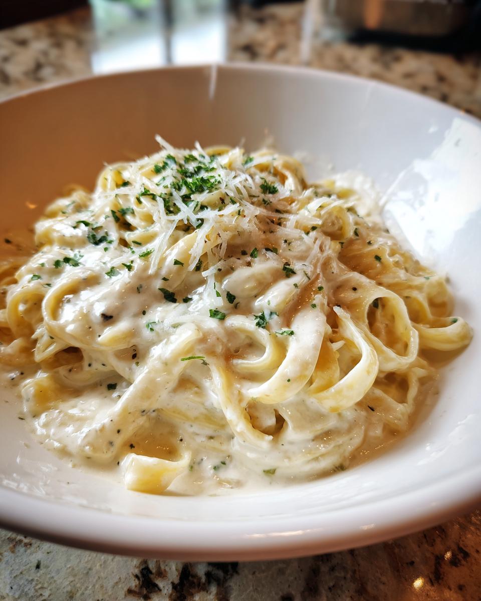 Close-up of fettuccine pasta generously coated in creamy homemade alfredo sauce, topped with grated Parmesan and parsley.