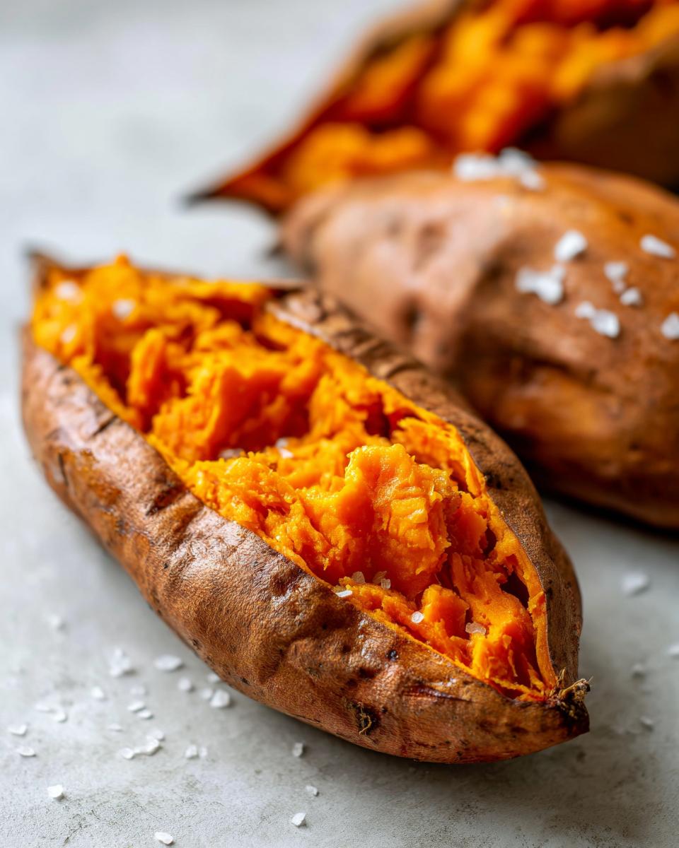 Close-up of a perfectly baked sweet potato split open, showing fluffy orange flesh sprinkled with coarse sea salt.