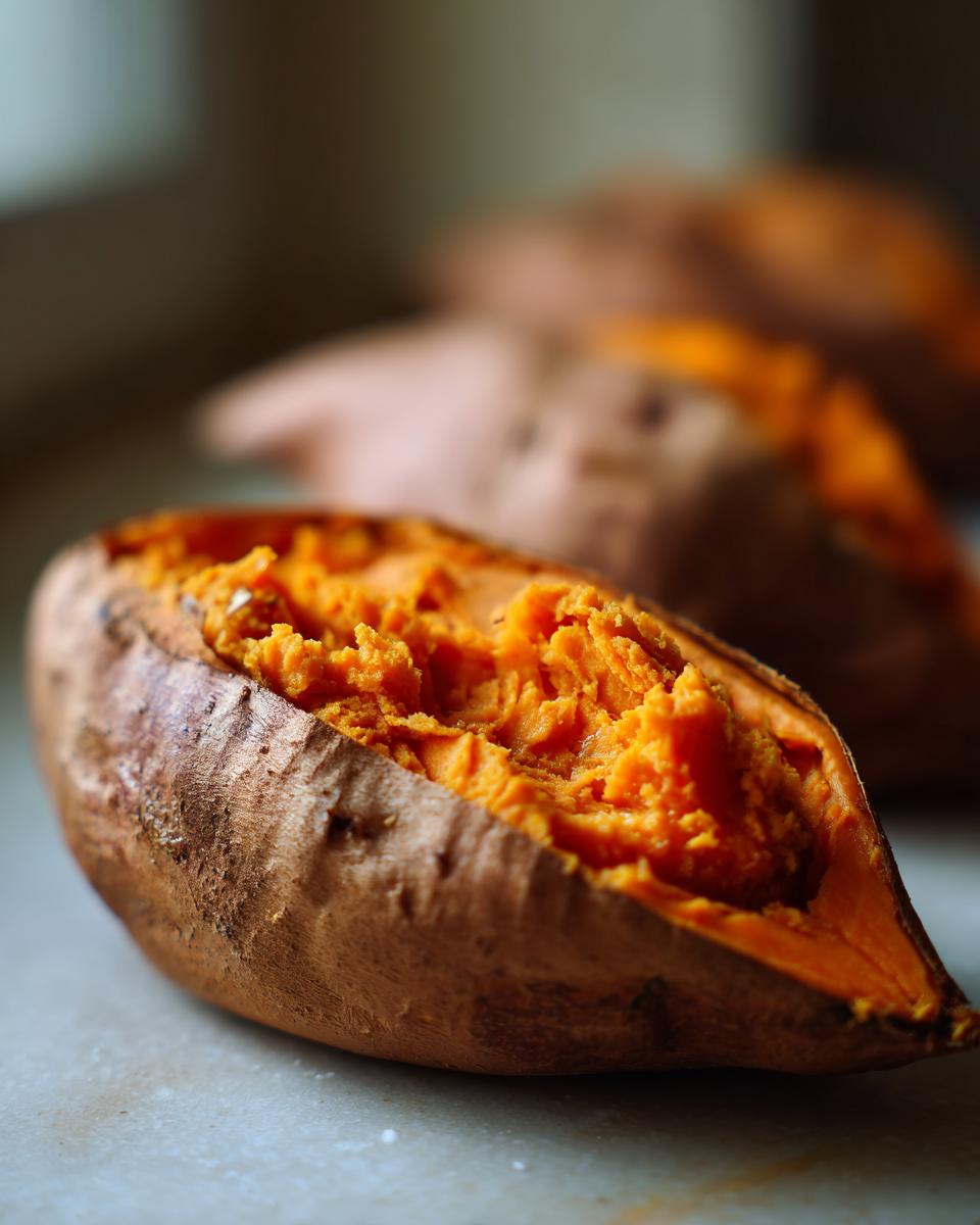 Close-up of a perfectly baked sweet potato split open to show fluffy, bright orange interior flesh.