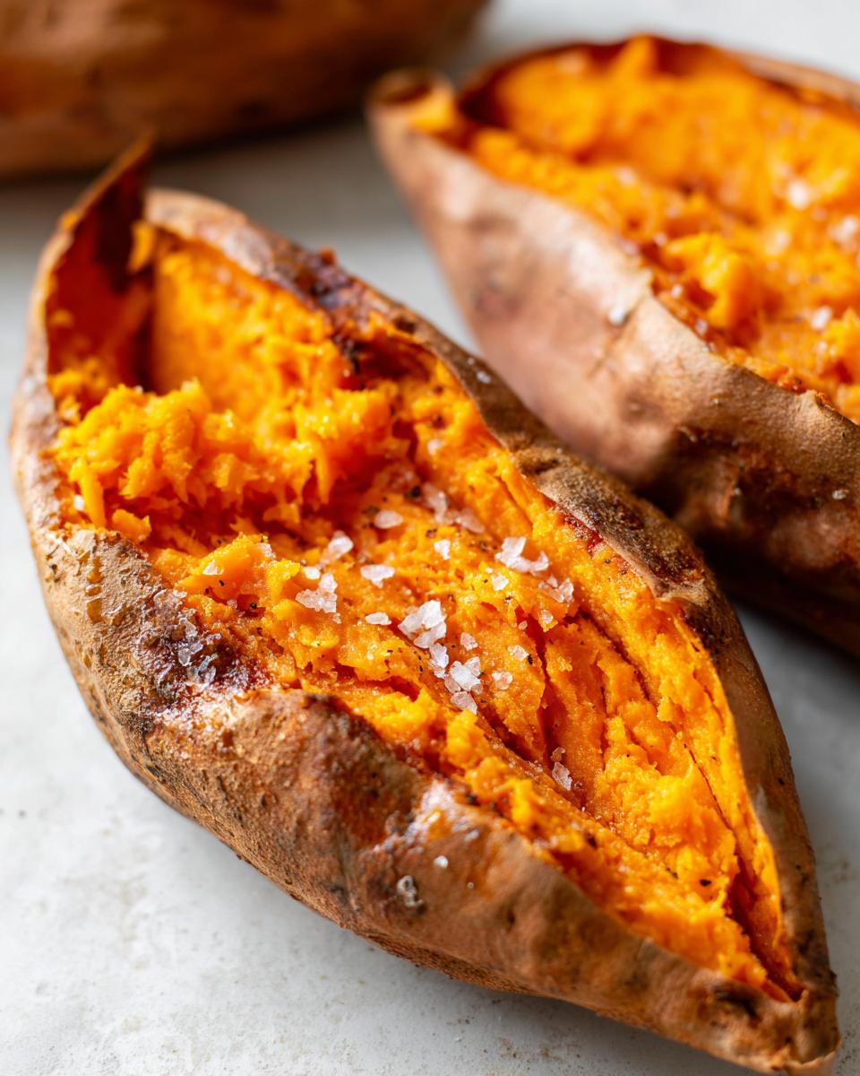 Close-up of a fluffy baked sweet potato split open and topped with coarse sea salt flakes.