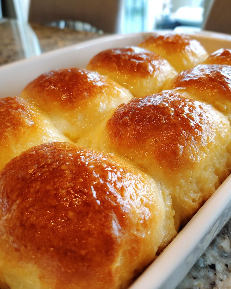 Close-up of freshly baked, golden brown dinner rolls glistening with butter in a white baking dish.