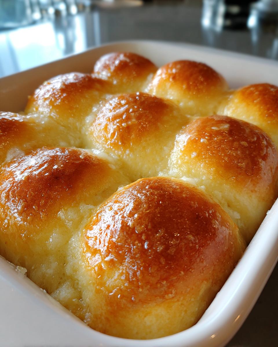Close-up of golden brown, shiny, buttery dinner rolls baked together in a white ceramic dish.
