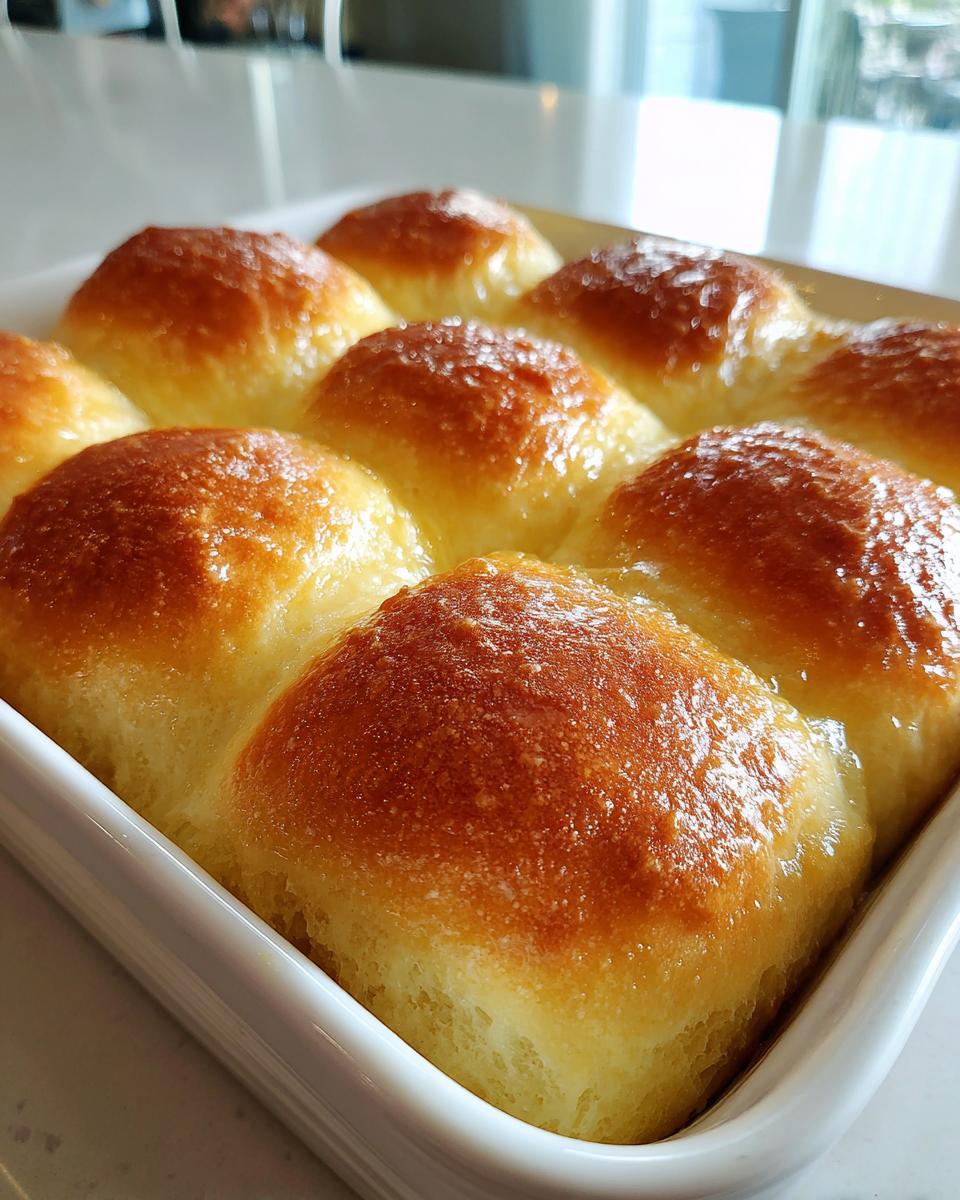 Close-up of freshly baked, golden brown, buttery dinner rolls nestled together in a white baking dish.