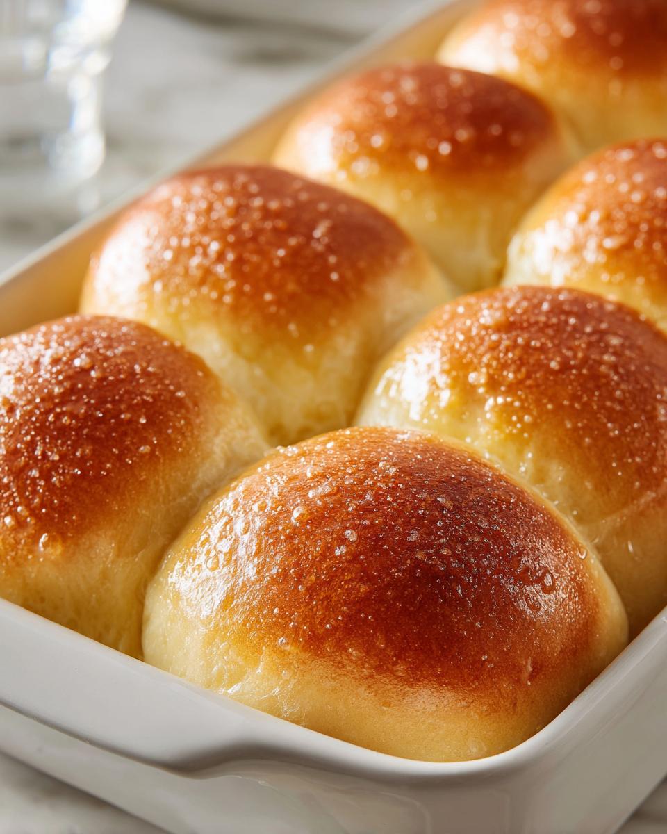 Close-up of golden brown, fluffy dinner rolls baked together in a white dish, topped with a buttery glaze and coarse sugar.