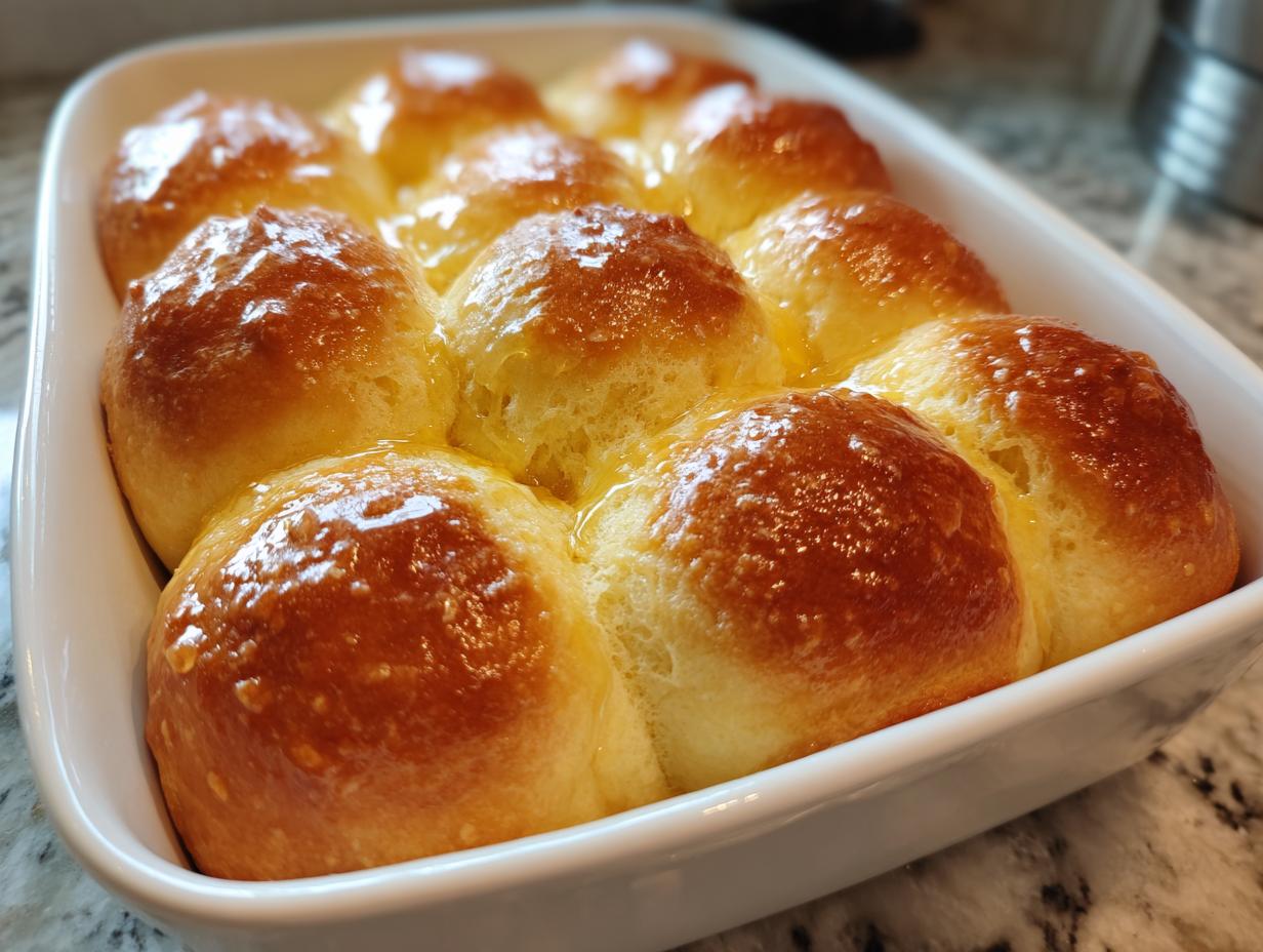 Close-up of twelve golden brown, fluffy dinner rolls glistening with melted butter in a white baking dish.