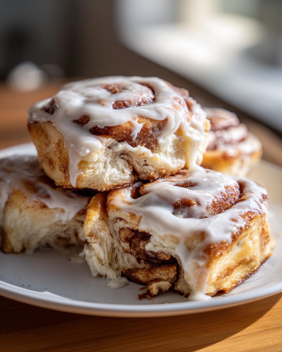 A stack of incredibly fluffy cinnamon roll pastries generously topped with dripping white cream cheese icing.