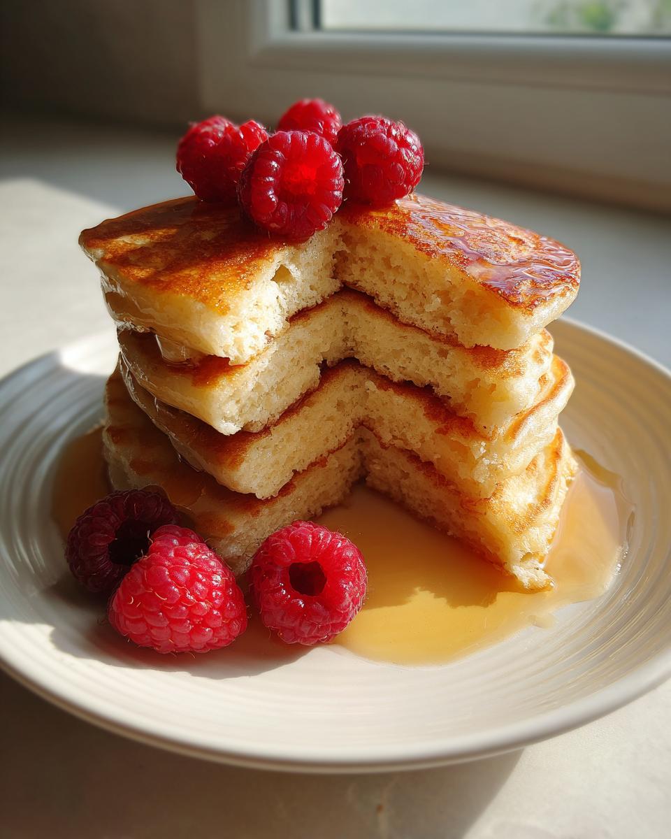 A stack of fluffy greek yogurt pancakes cut open to show the texture, topped with fresh raspberries and syrup.