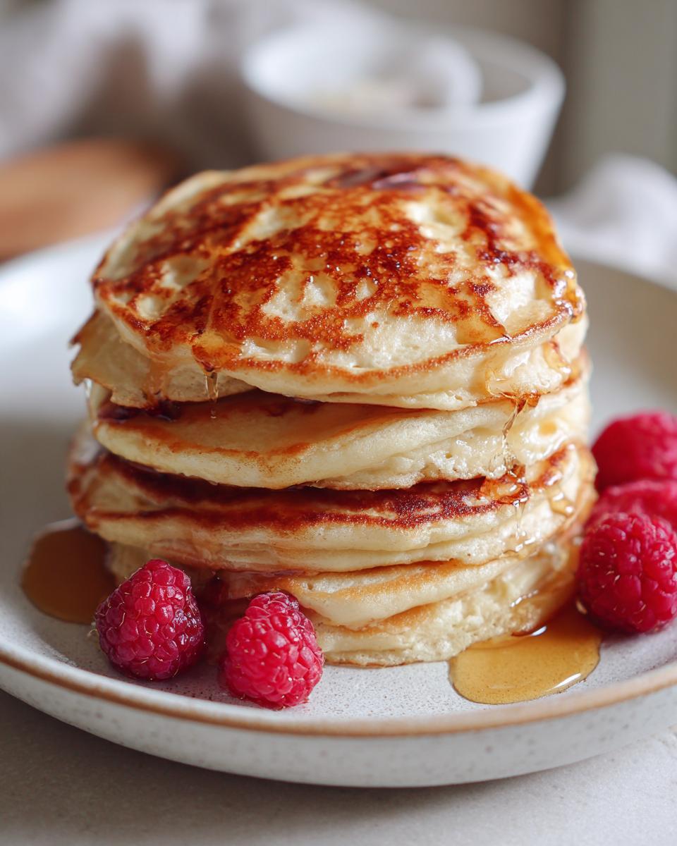 A tall stack of fluffy greek yogurt pancakes drizzled with syrup and garnished with fresh raspberries.