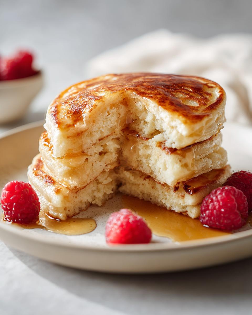 A stack of fluffy greek yogurt pancakes cut open to show the texture, drizzled with syrup and garnished with fresh raspberries.