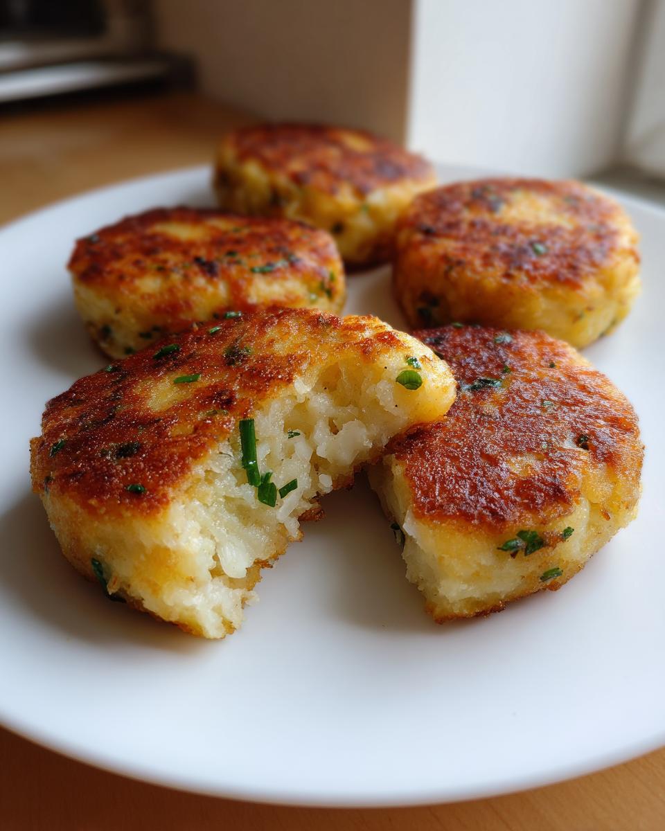 Close-up of fluffy mashed potato cakes, one broken open showing the texture and chives, served on a white plate.