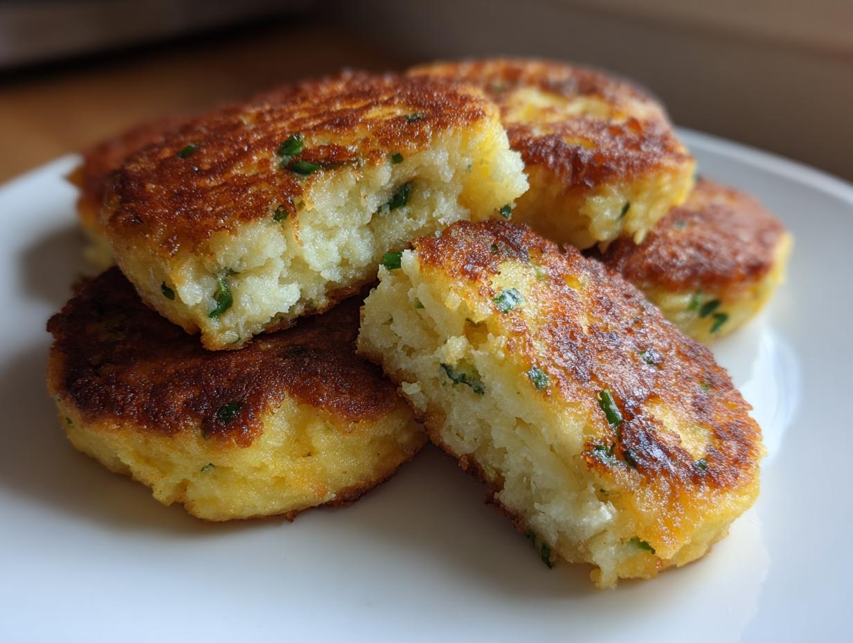 Close-up of fluffy mashed potato cakes, one broken open to show the interior texture and green herbs.