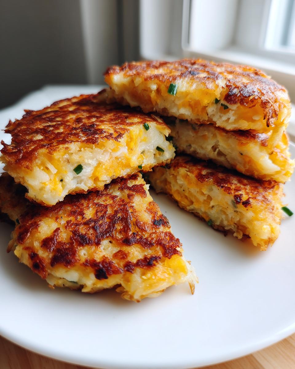 A stack of golden brown, pan-fried mashed potato cakes mixed with cheddar cheese and chives.