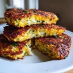 Close-up of three golden-brown, fluffy mashed potato cakes stacked and cut open, showing herbs inside.