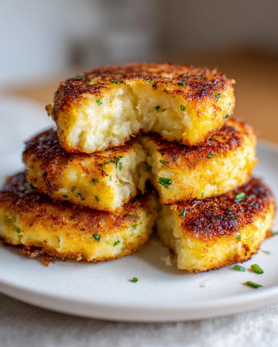 A stack of four golden-brown, fluffy mashed potato cakes, one cut open to show the texture inside.